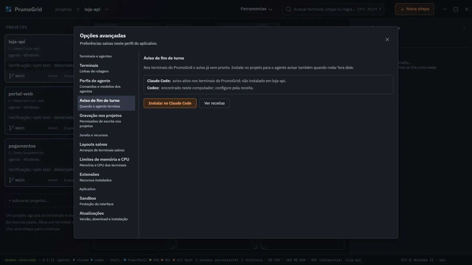 Seção Aviso de fim de turno com o estado do Claude Code e do Codex e os botões Instalar no Claude Code e Ver receitas.