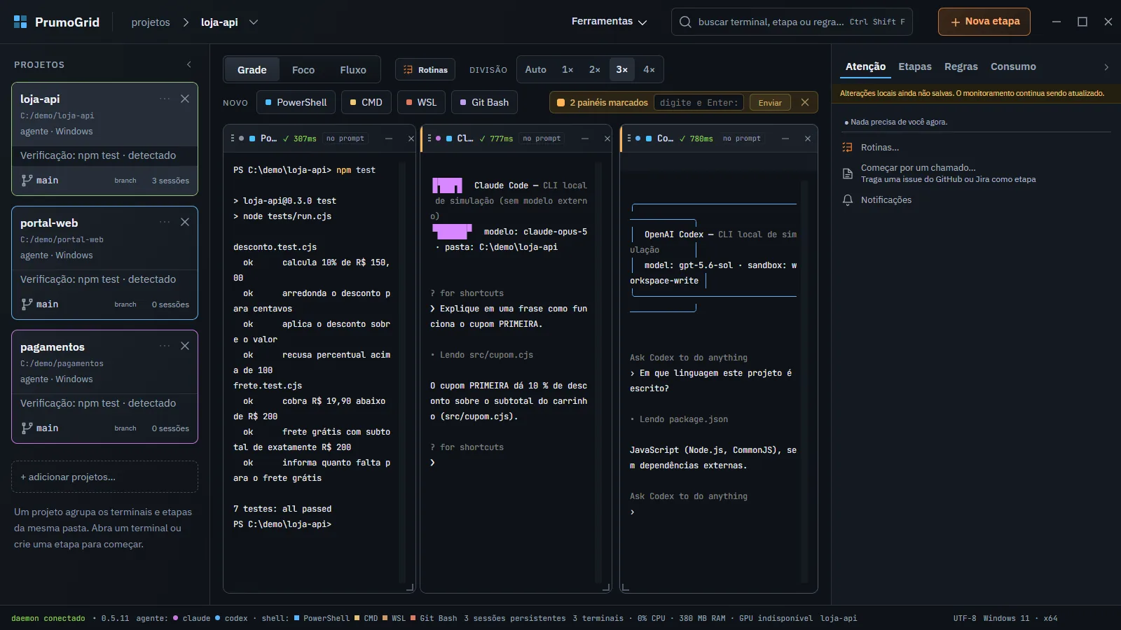 Grade com Claude Code e Codex marcados para broadcast e a barra de envio com 2 painéis marcados e o botão Enviar.