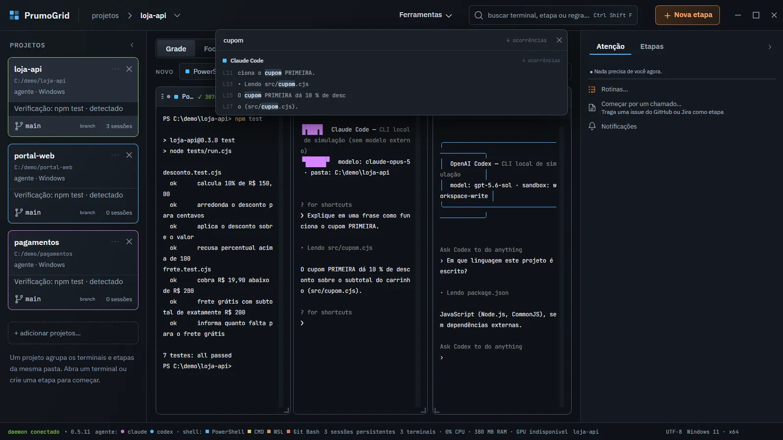 Busca com o termo cupom e quatro ocorrências no terminal Claude Code.