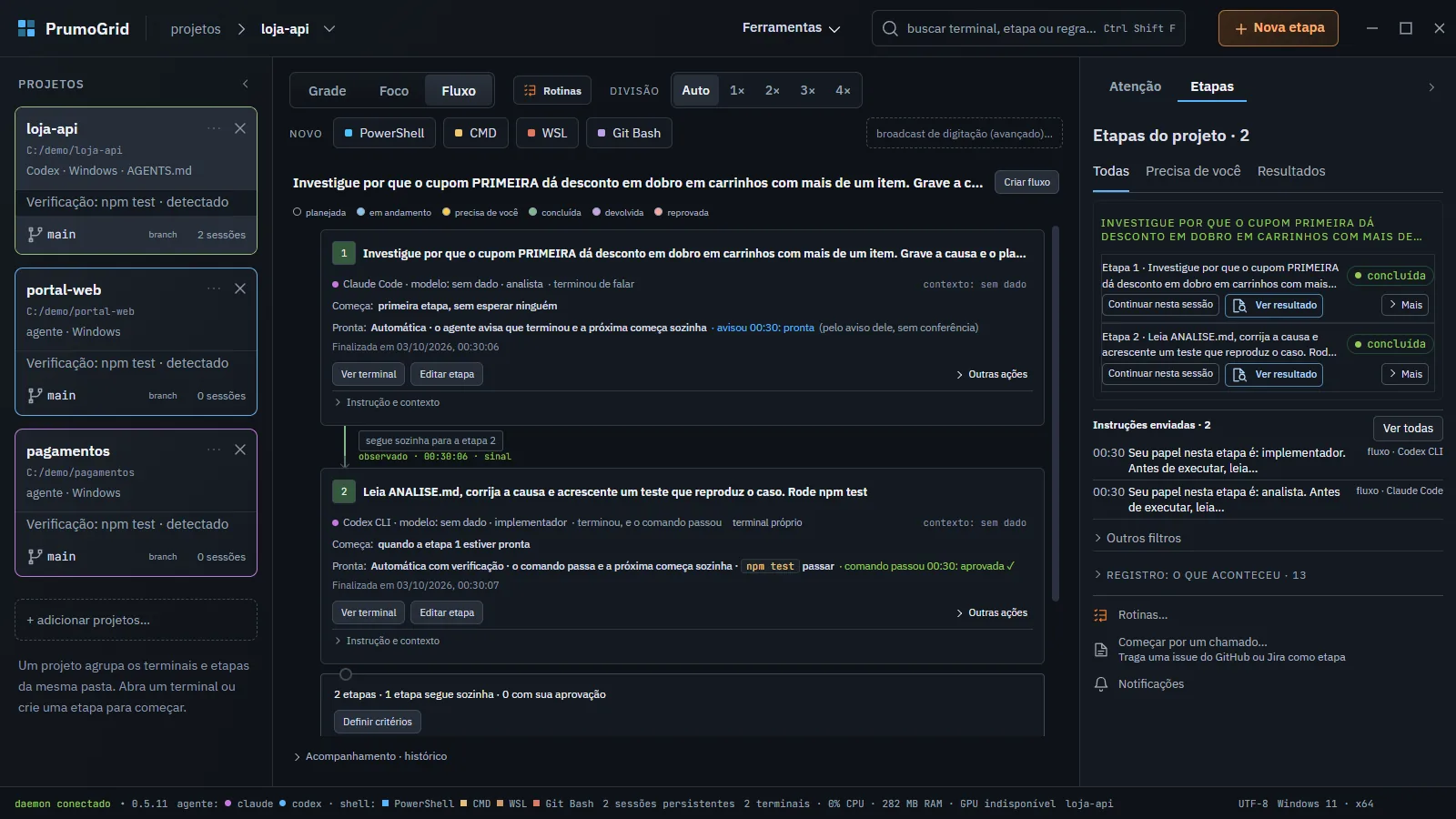 Aba Etapas com etapas concluídas, cada uma com Continuar nesta sessão e Ver resultado.