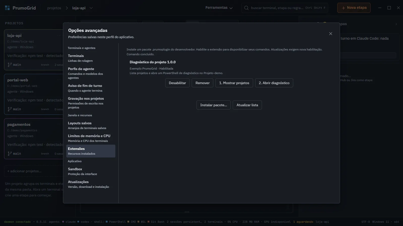 Seção Extensões com um plugin habilitado e seus dois botões de comando.