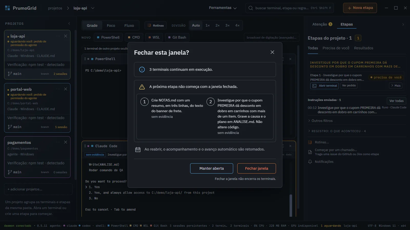 Diálogo Fechar esta janela? com Manter aberta e Fechar janela.