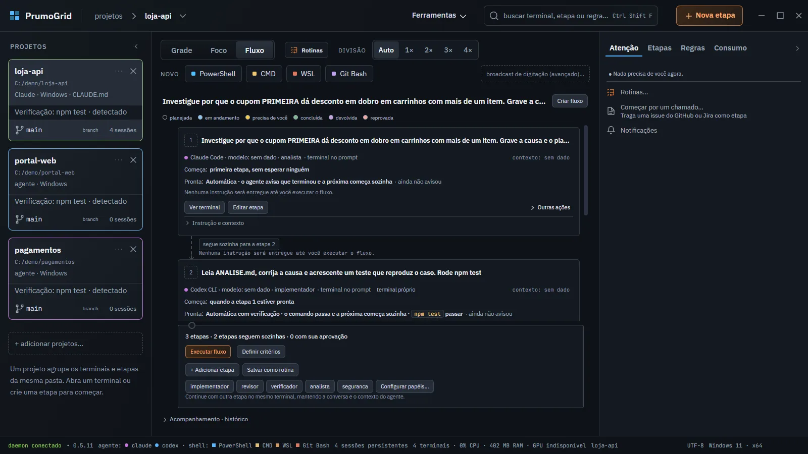 Fluxo com as três etapas planejadas, cada uma com agente, papel e a linha Pronta.