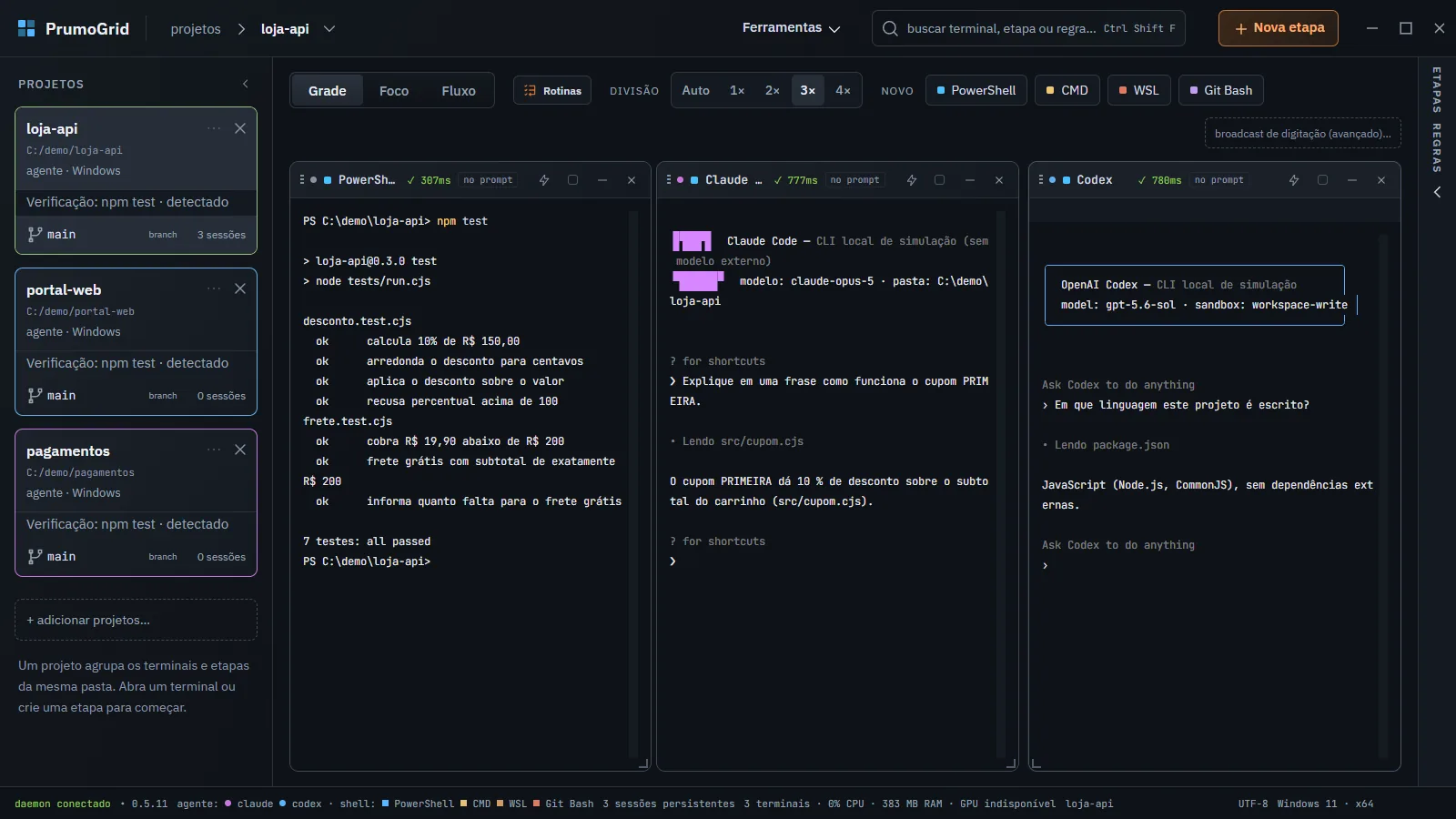 PrumoGrid com o projeto loja-api selecionado: projetos à esquerda, três terminais no centro e a lateral direita.