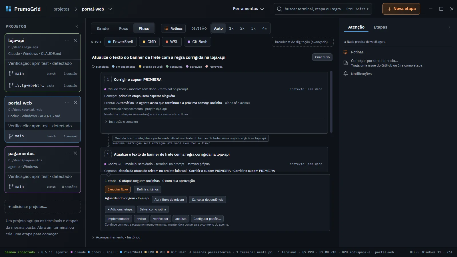 Fluxo do portal-web com a etapa aguardando a origem na loja-api.