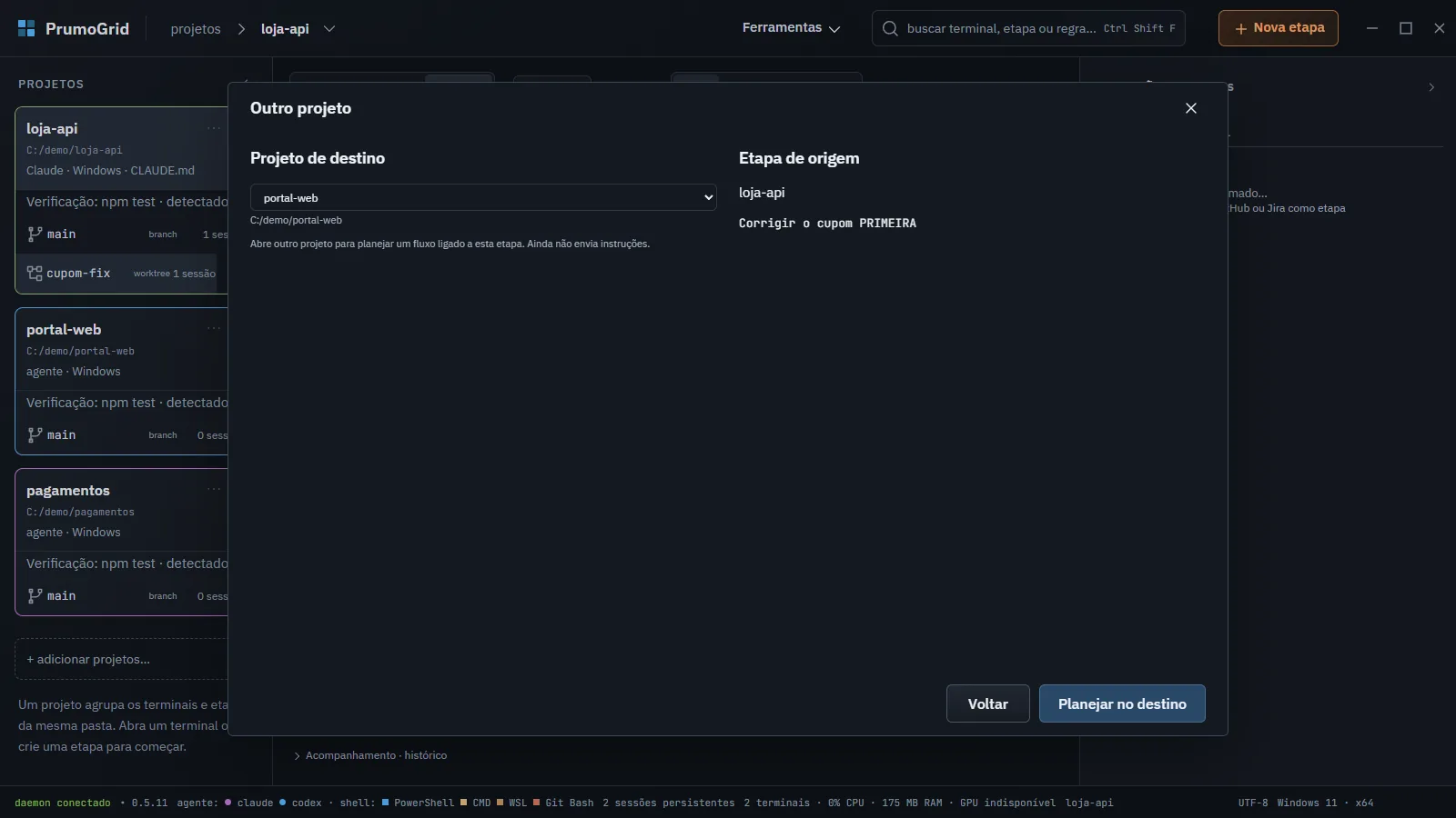 Diálogo Outro projeto com o projeto de destino portal-web e a etapa de origem na loja-api.