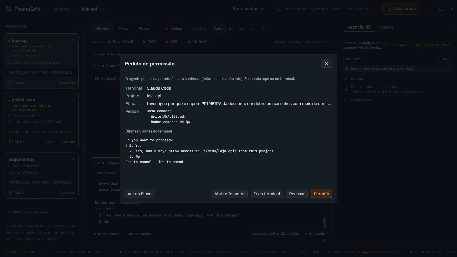 Diálogo Pedido de permissão com terminal, projeto, etapa e o comando pedido.