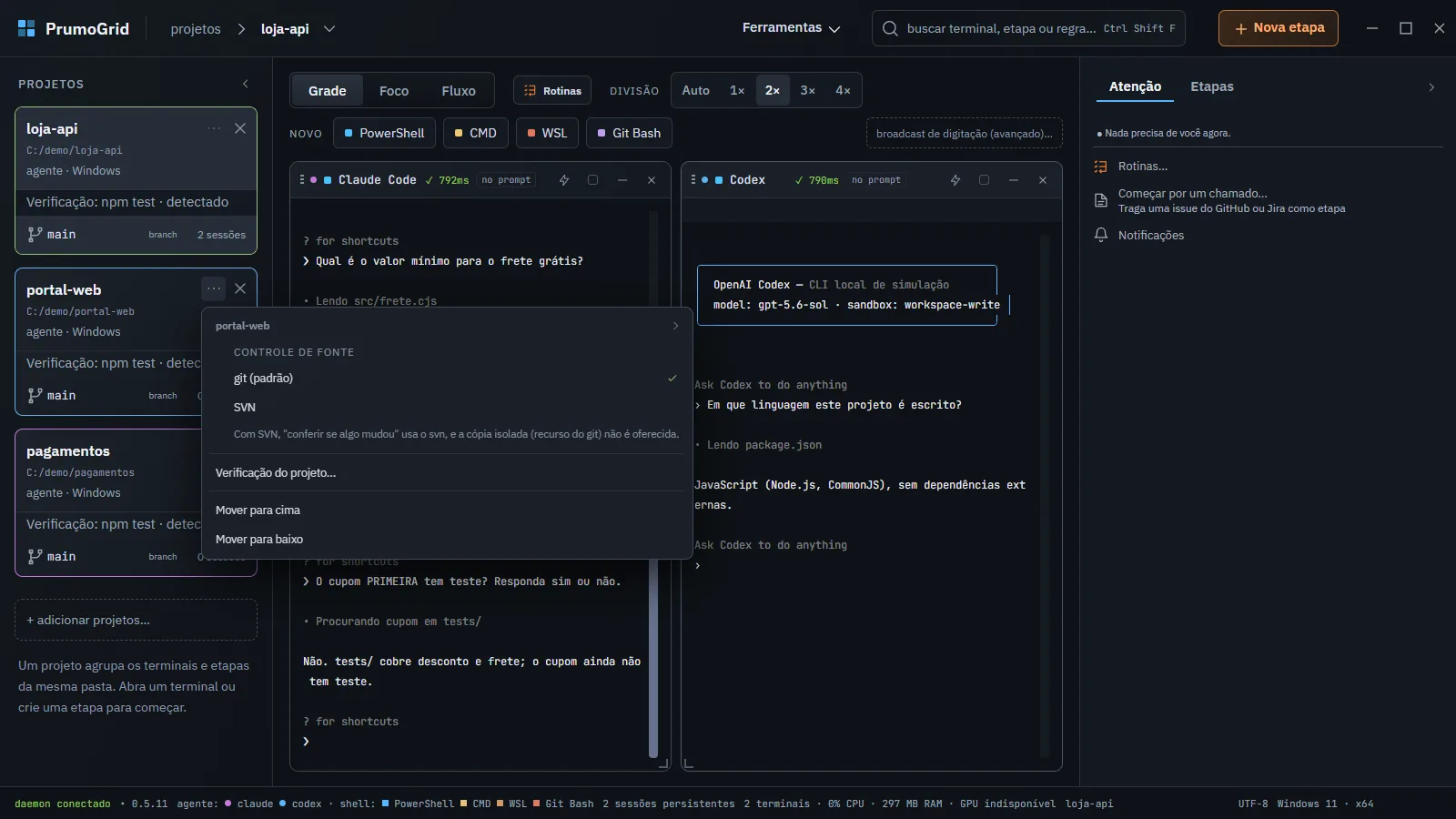 Menu ··· do cartão portal-web aberto com Controle de fonte, Verificação do projeto…, Mover para cima e Mover para baixo.