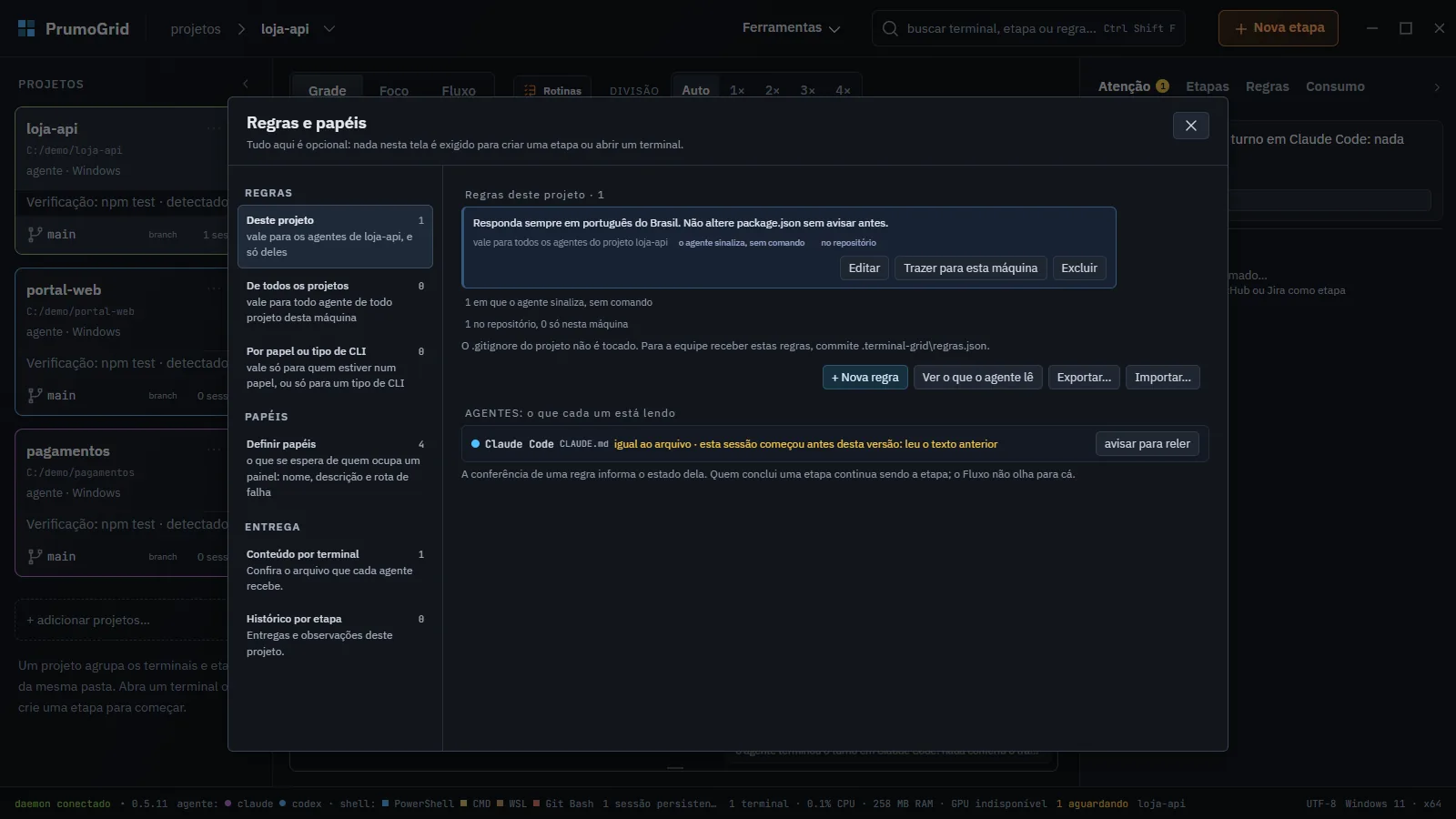 Tela Regras e papéis com Deste projeto, De todos os projetos, Por papel ou tipo de CLI e a regra da loja-api no repositório.