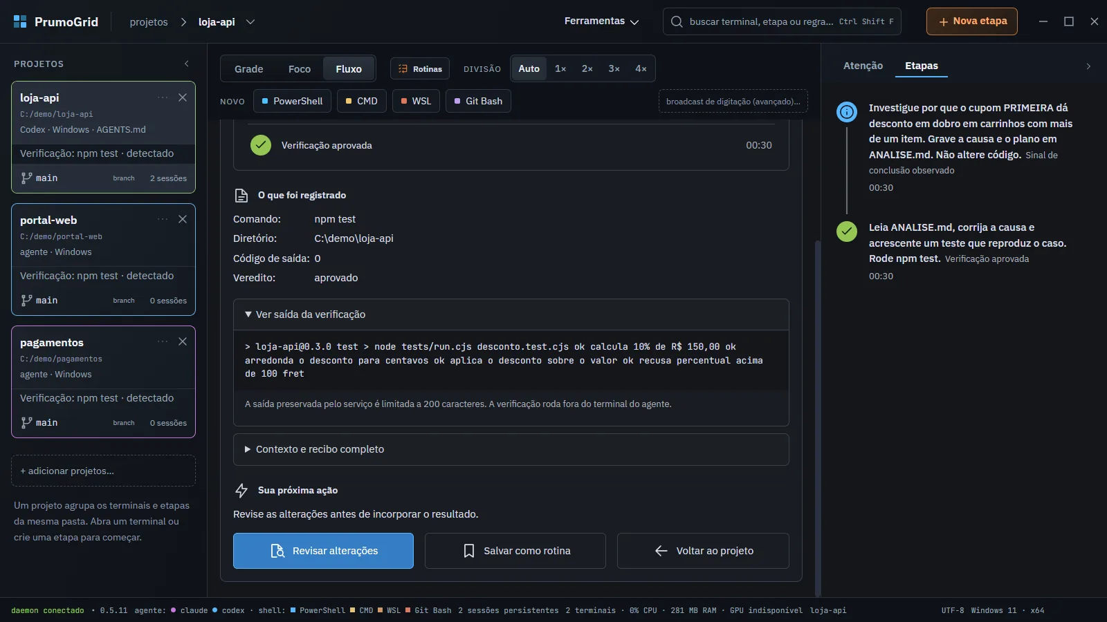 Resultado da etapa de correção com o comando de verificação, a saída e o veredito.