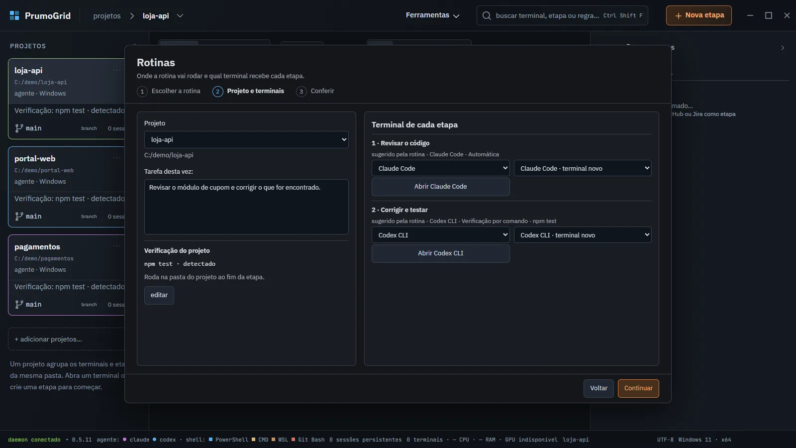 Usando a rotina: a tarefa desta vez e os terminais sugeridos pela rotina.