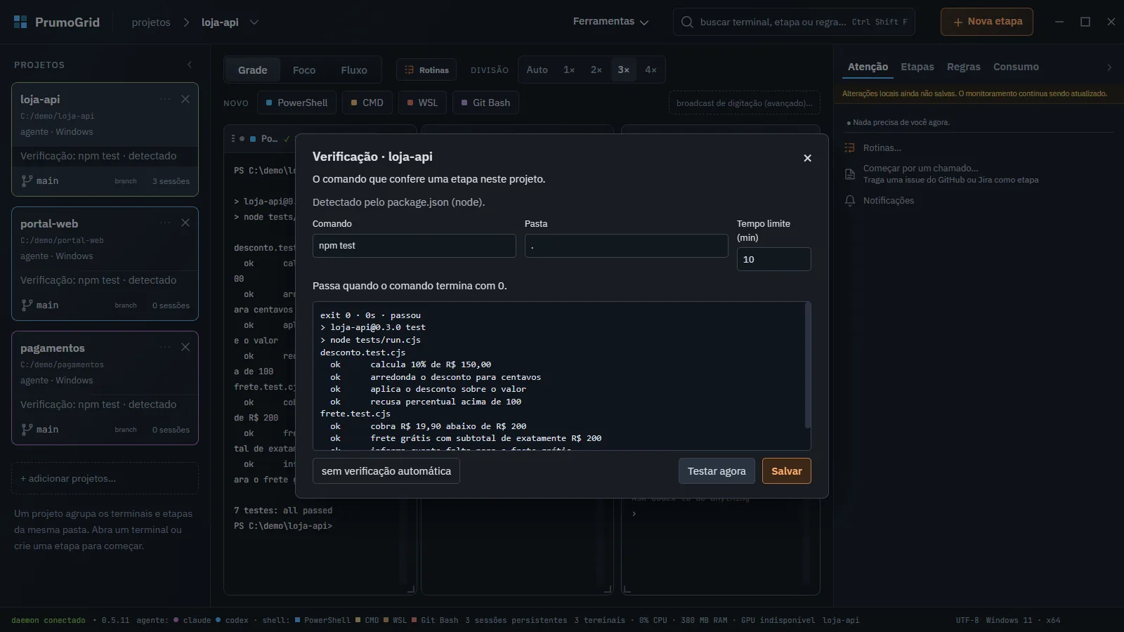 Diálogo Verificação da loja-api com o comando npm test detectado pelo package.json, a pasta, o tempo limite e os botões Testar agora e Salvar.