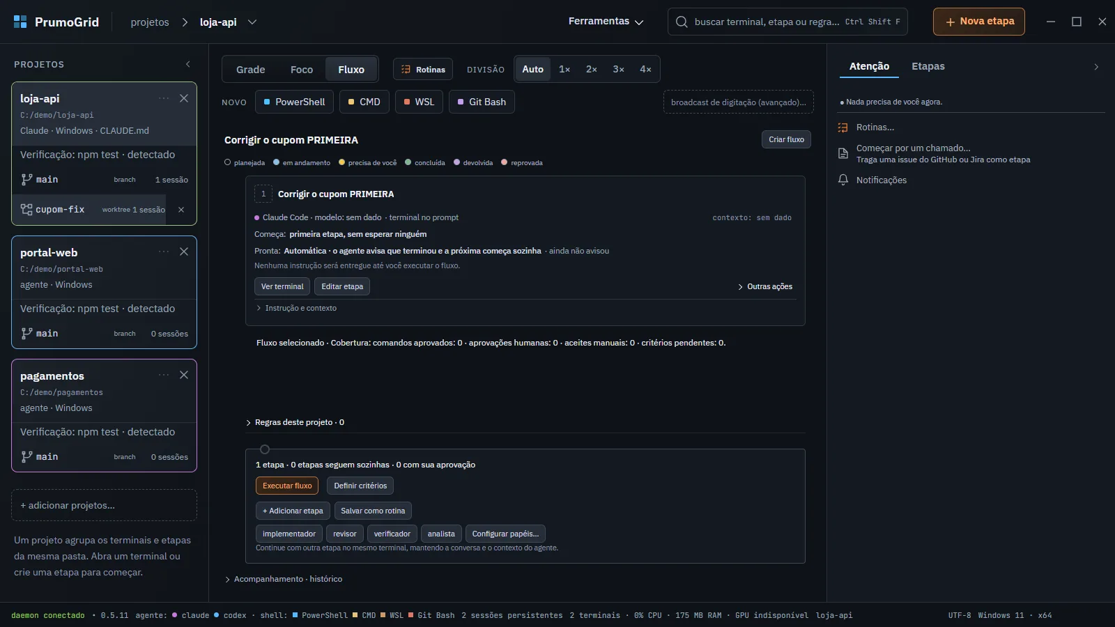 Cartão da loja-api com a linha main e a linha do worktree cupom-fix com uma sessão.