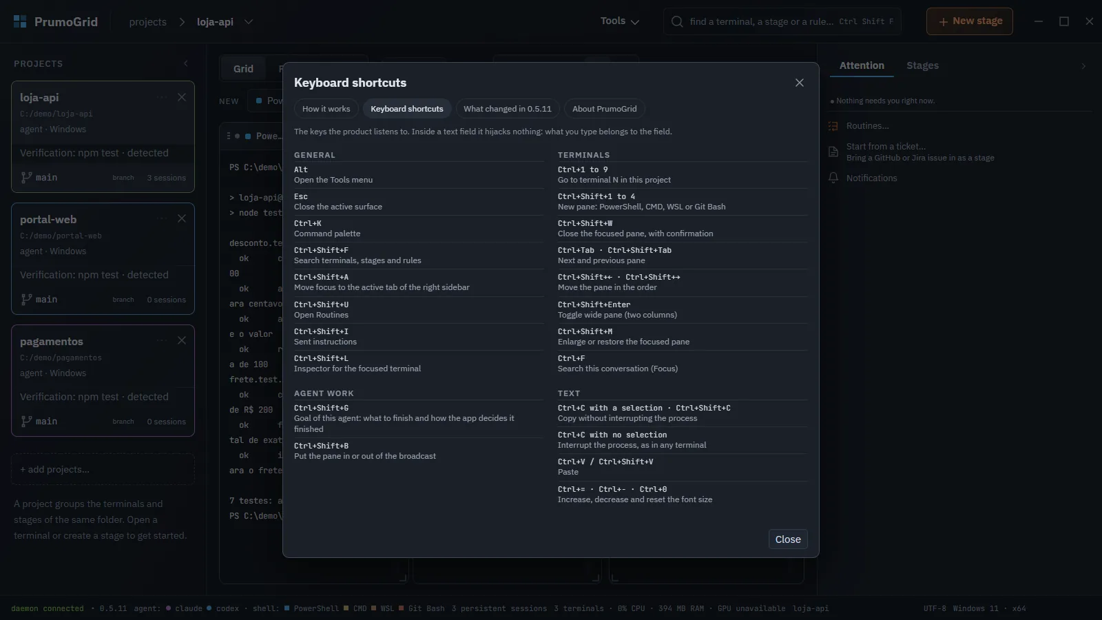 Keyboard shortcuts dialog with the General, Terminals, Agent work and Text groups.