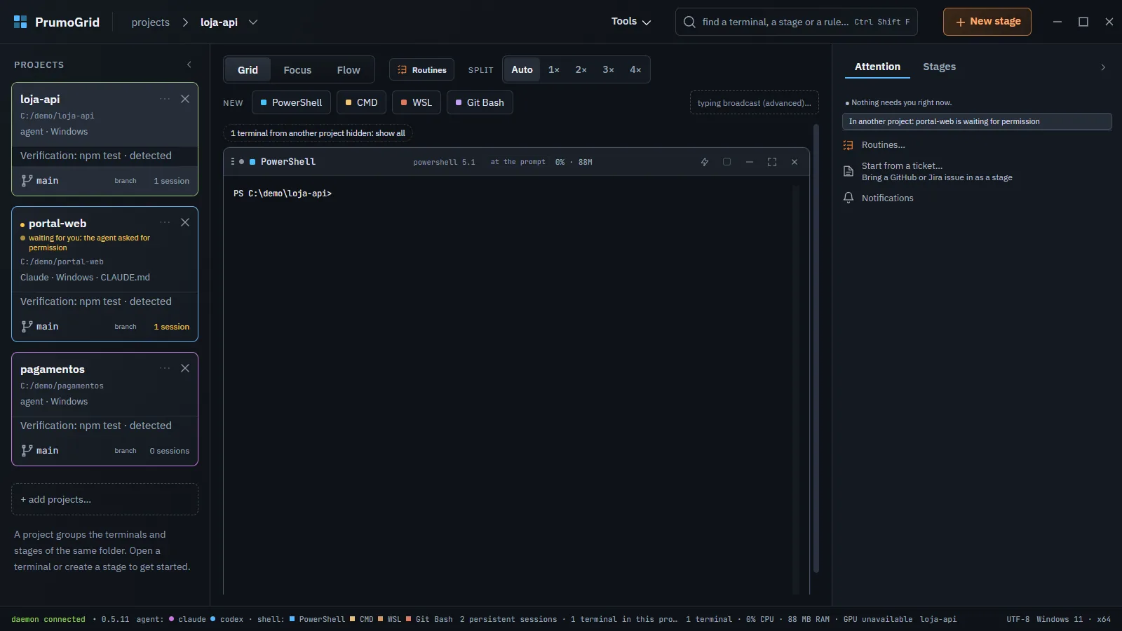 Attention tab of the loja-api project with nothing pending and, at the end of the list, the line In another project: portal-web is waiting for permission.