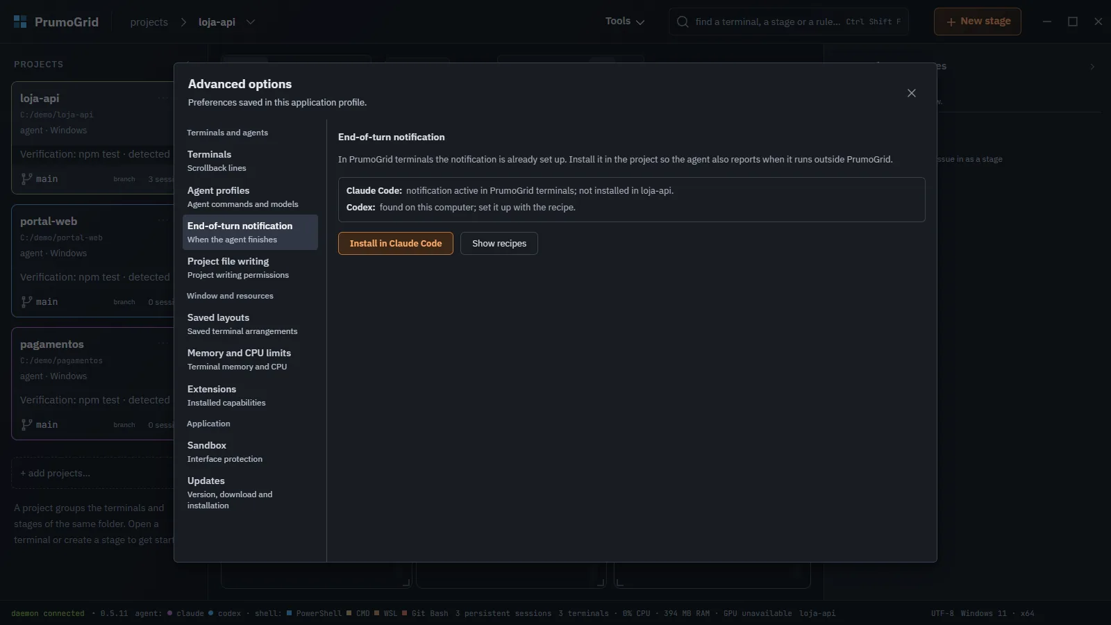 End-of-turn notification section with the state of Claude Code and Codex and the Install in Claude Code and Show recipes buttons.