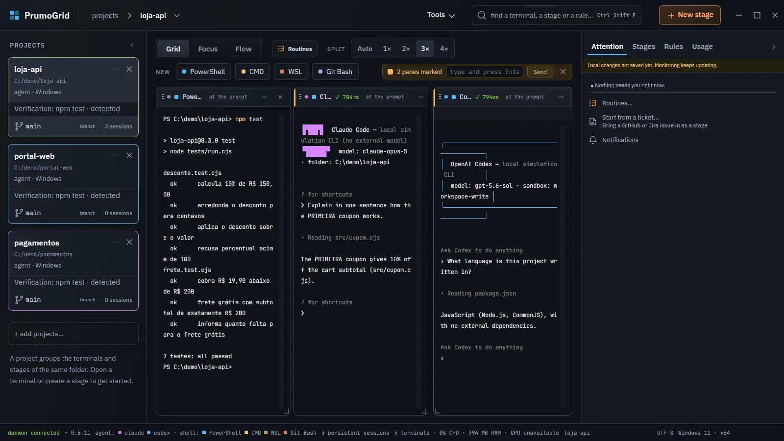 Grid with Claude Code and Codex marked for broadcast and the send bar showing 2 panes marked and the Send button.