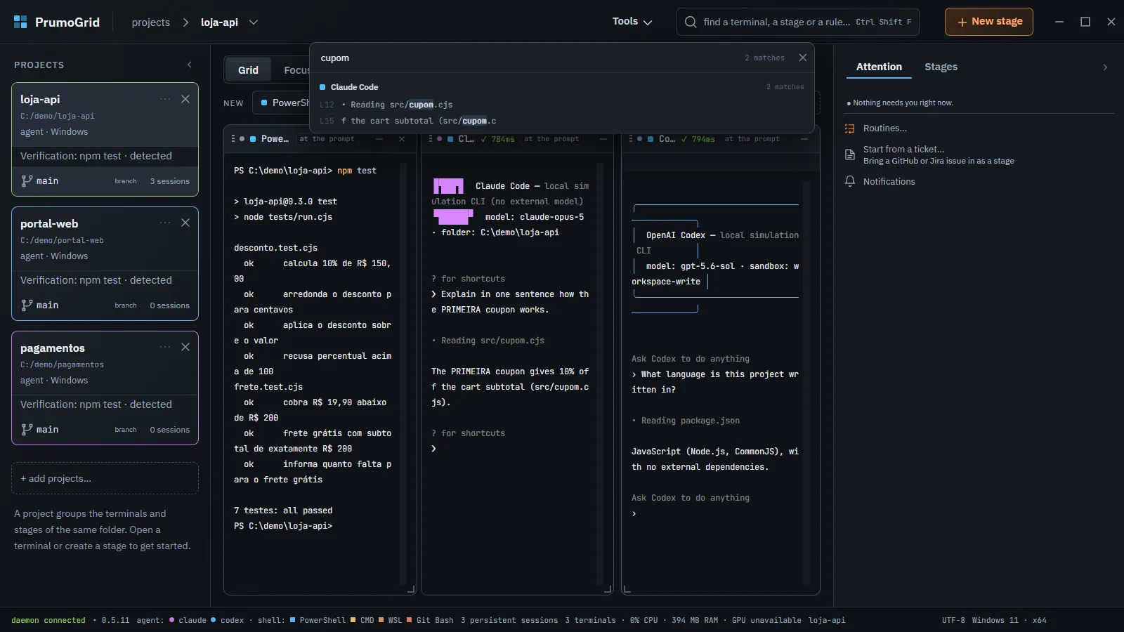 Search for the term cupom with two matches in the Claude Code terminal.