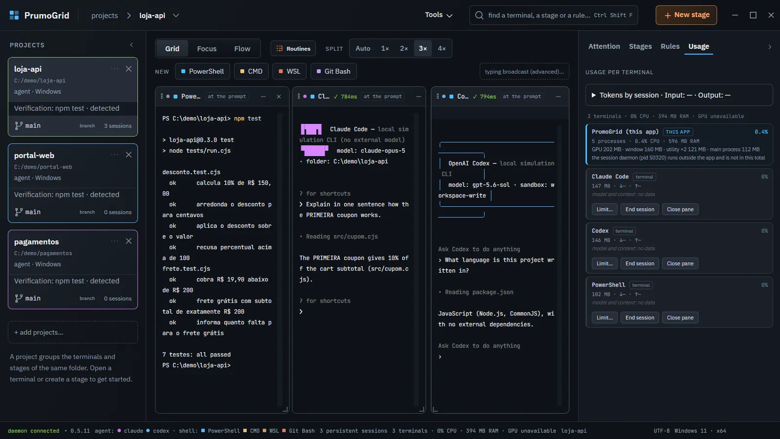 Usage tab with the Usage per terminal list and the Limit… button on each line.