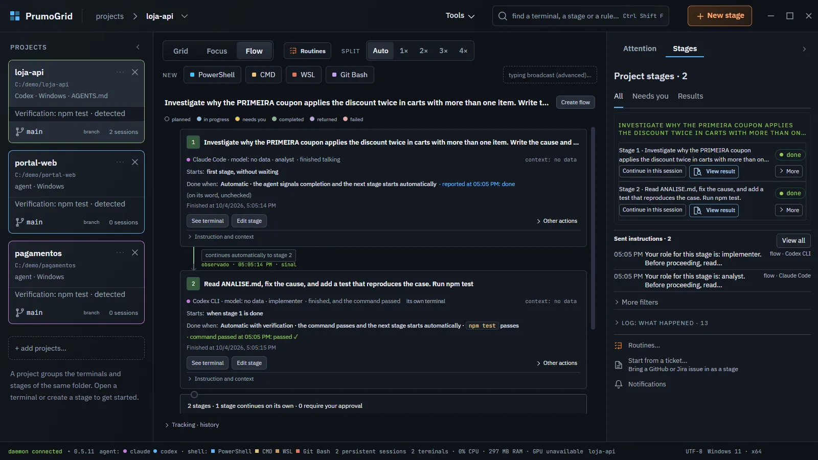 Stages tab with completed stages, each with Continue in this session and View result.