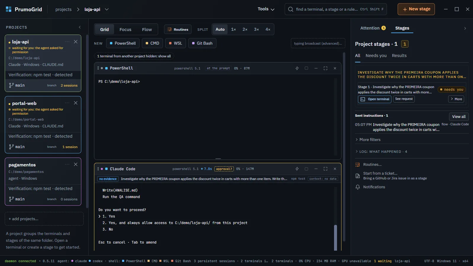 Stages tab with a stage waiting for permission and the See request button next to Open terminal.
