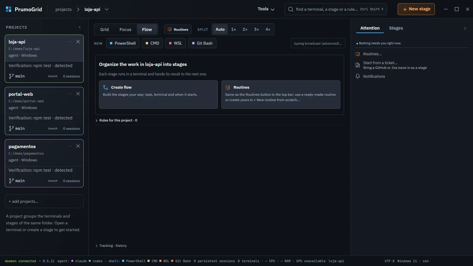 Empty Flow for loja-api with Organize the work in loja-api into stages and the Create flow and Routines buttons.