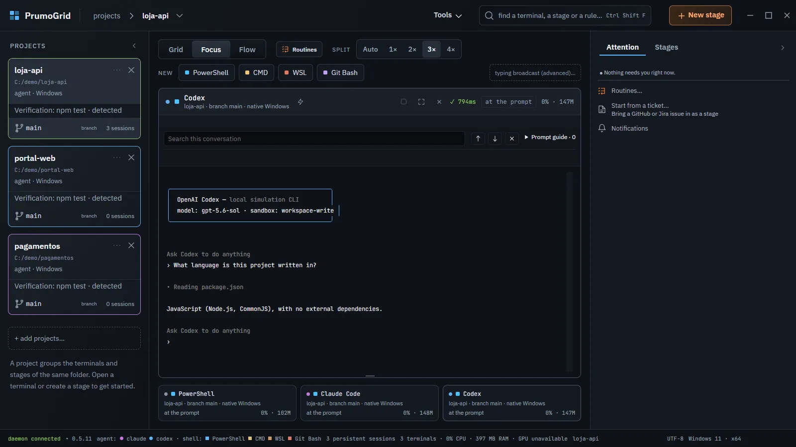 Focus view with one large terminal and the strip of thumbnails.