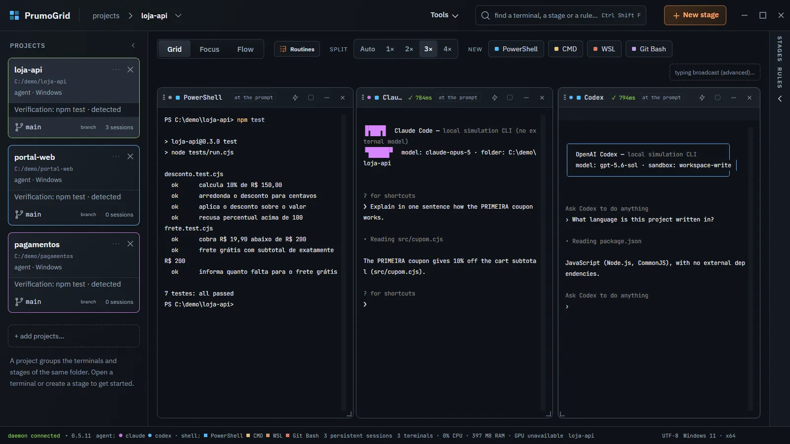 PrumoGrid with the loja-api project selected: projects on the left, three terminals in the center and the right sidebar.