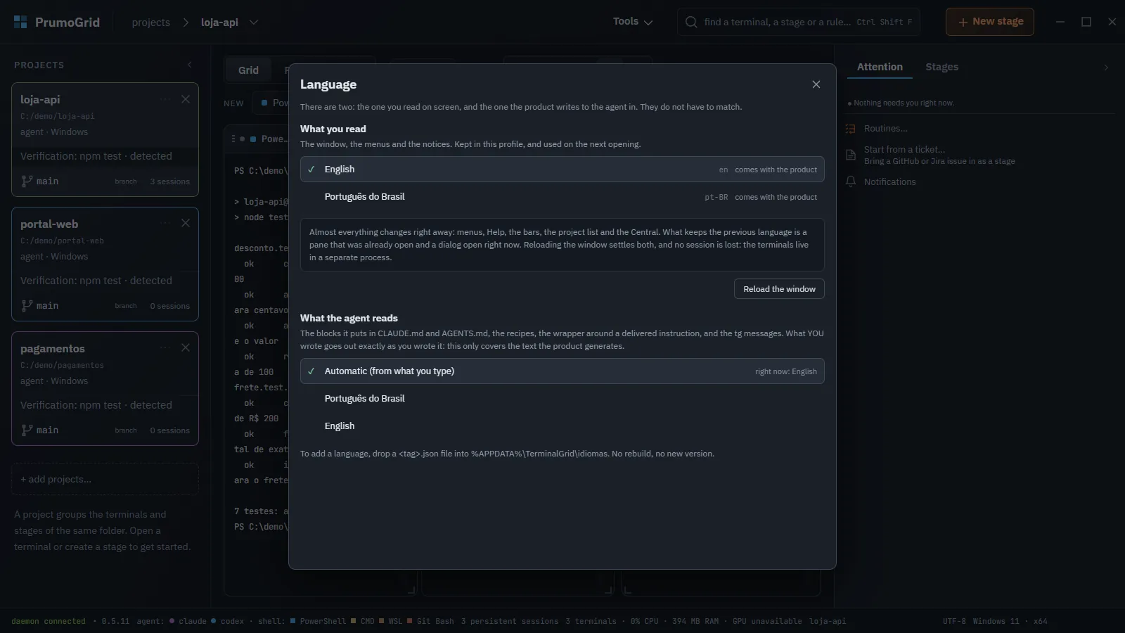 Language dialog with What you read and What the agent reads.