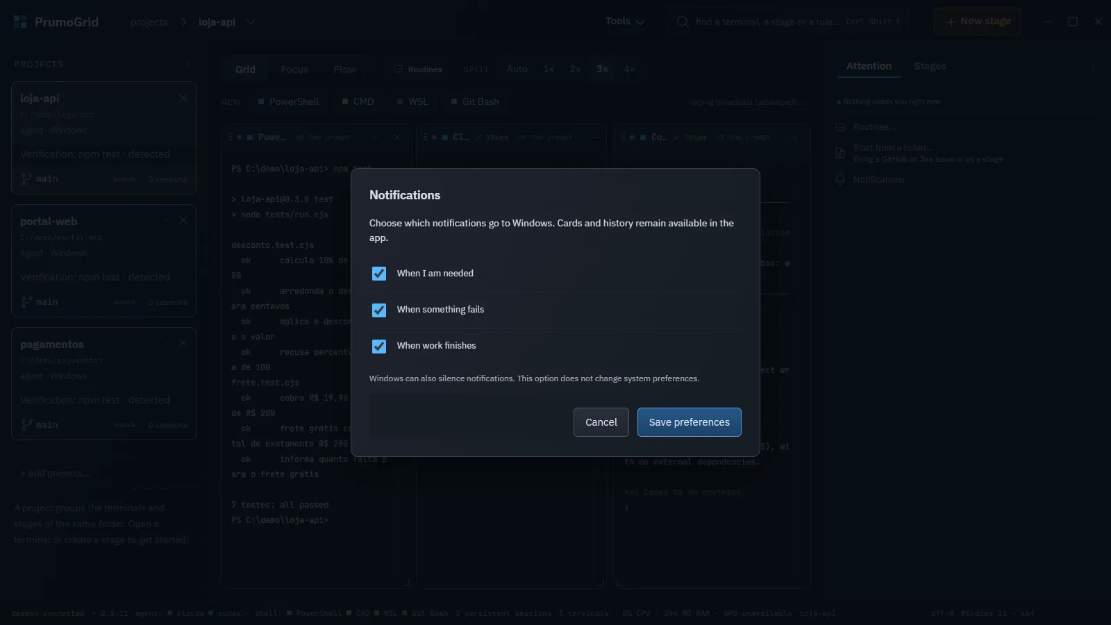 Notifications dialog with When I am needed, When something fails and When work finishes.