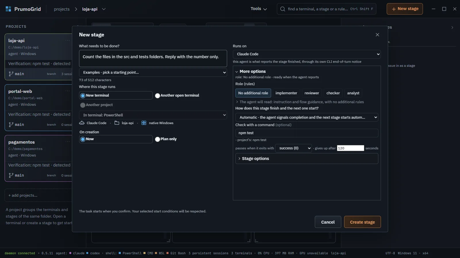 New stage with More options open, the Automatic with verification condition, and Check with a command filled in.