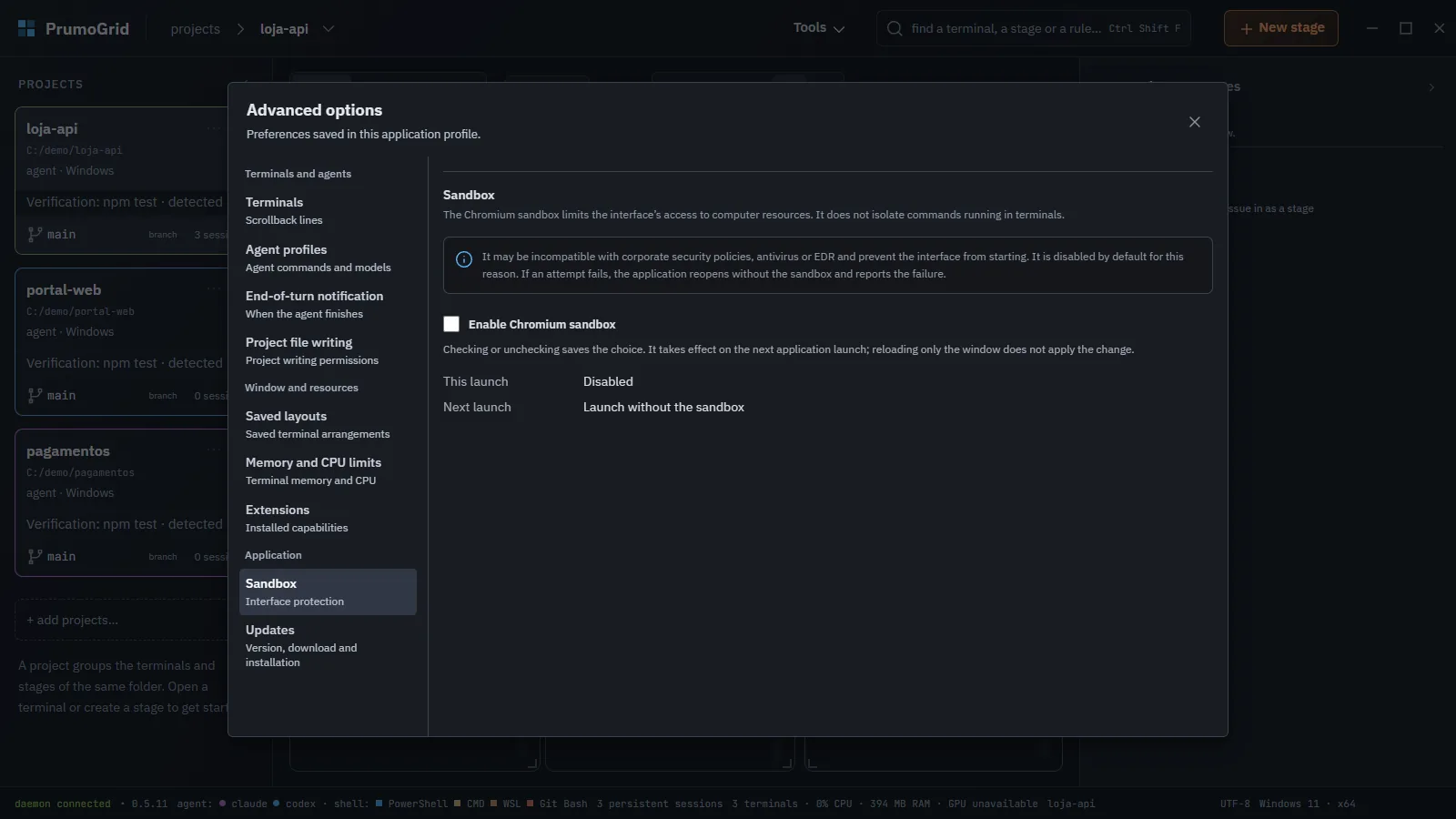 Sandbox section with Enable Chromium sandbox, This launch and Next launch.