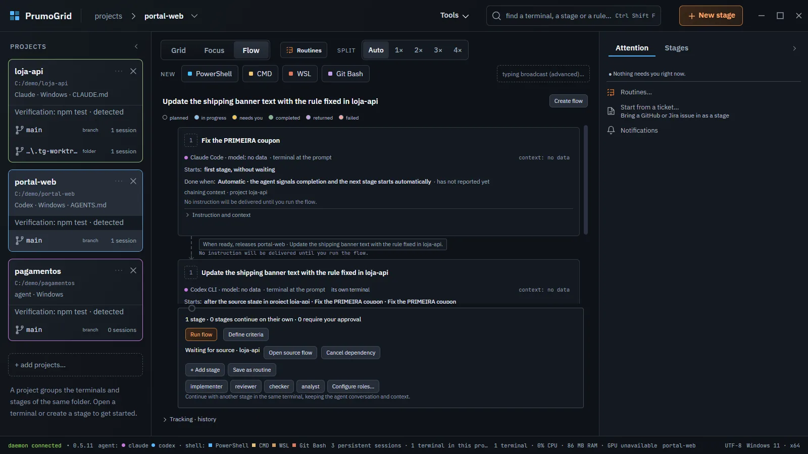portal-web Flow with the stage waiting for its source in loja-api.
