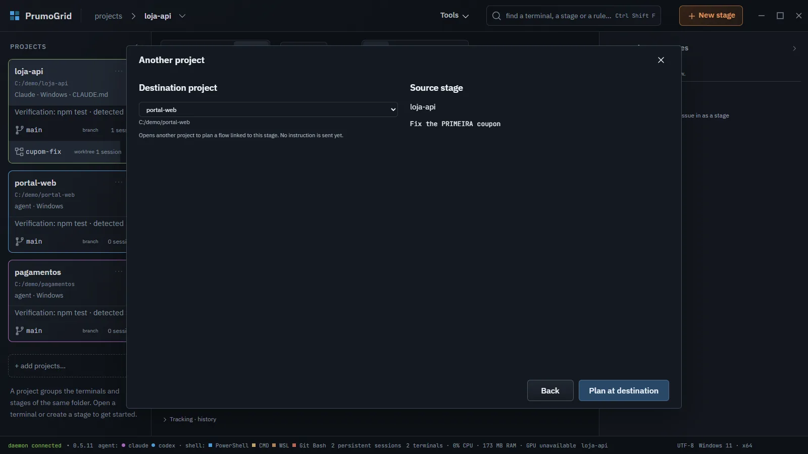 Another project dialog with the destination project portal-web and the source stage in loja-api.