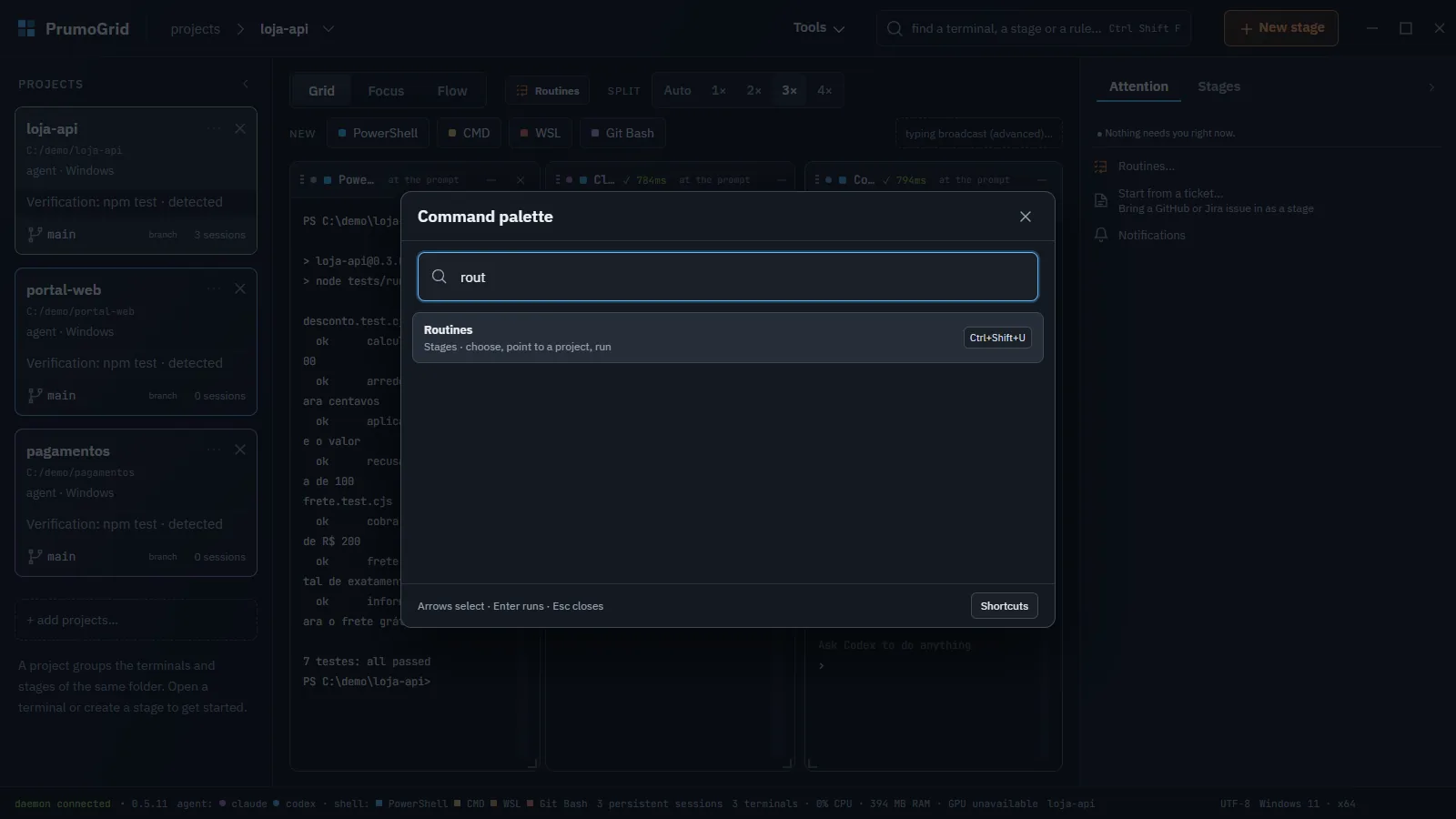 Command palette open, filtered to Routines, with the key hints at the bottom.