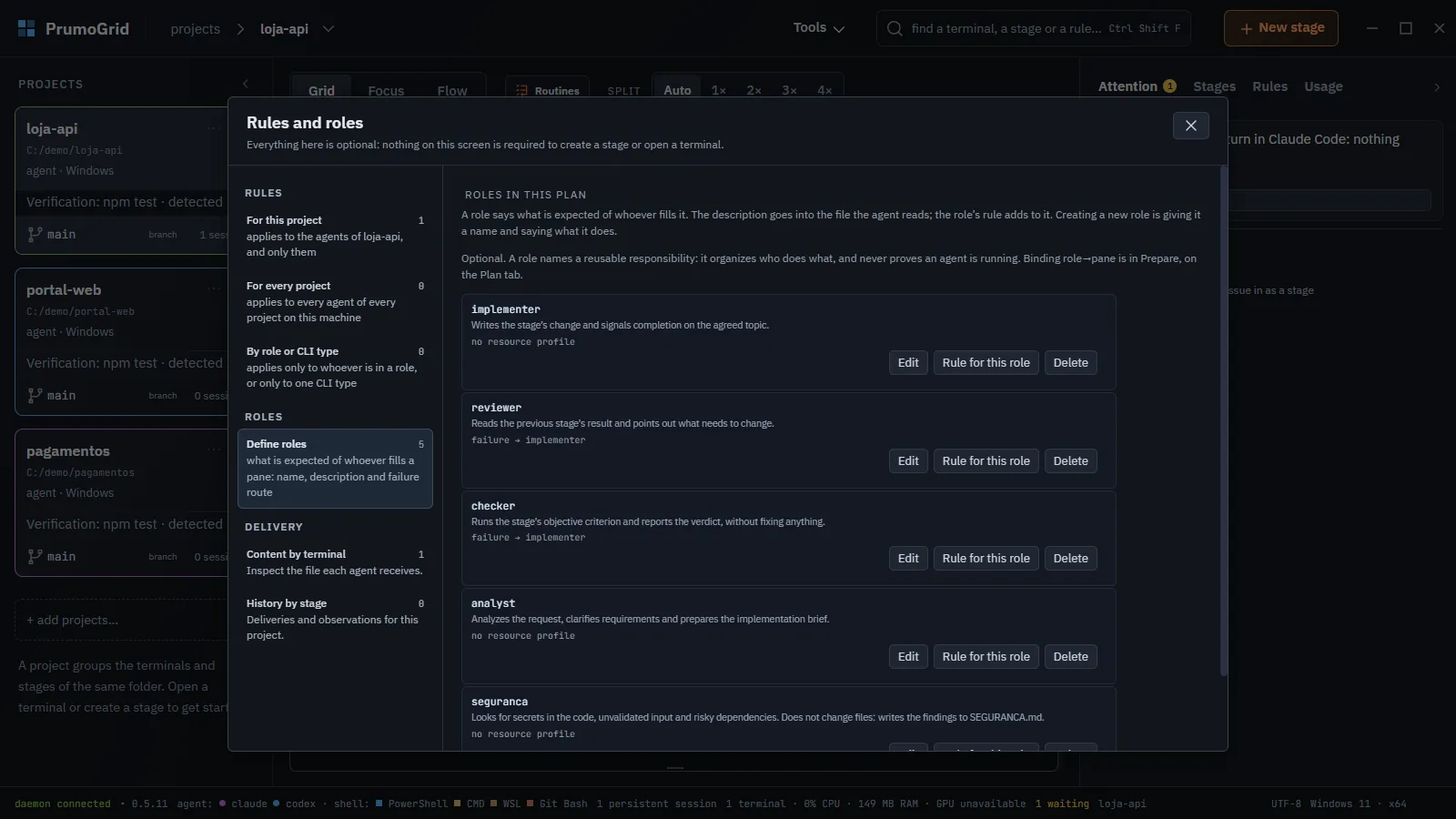 Rules and roles screen with the four built-in roles and the seguranca role.
