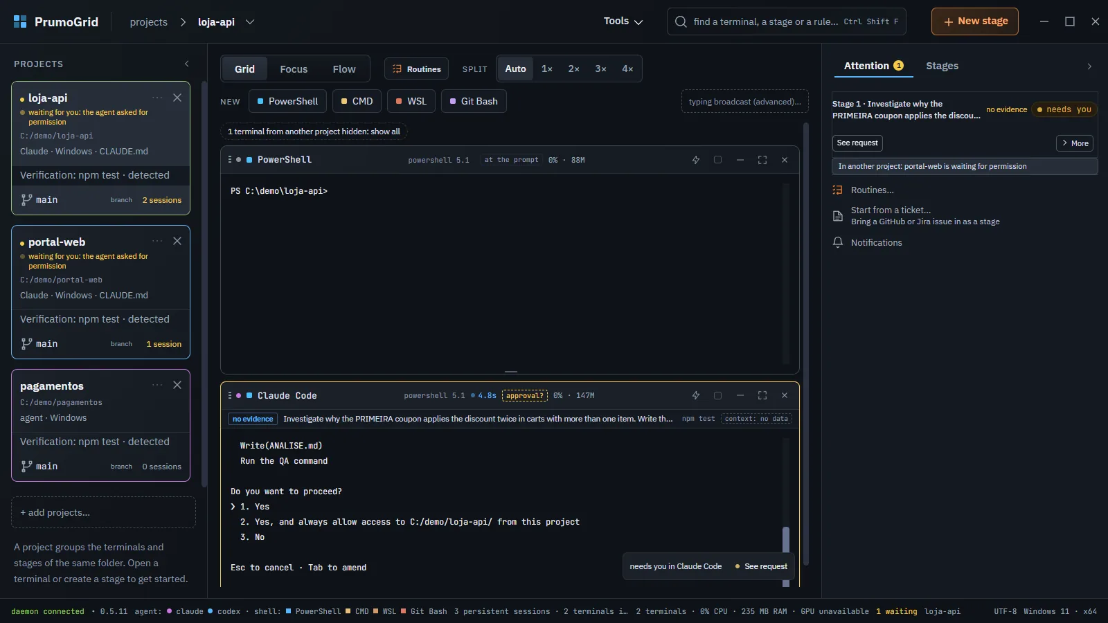 Permission request dialog with terminal, project, stage, and the requested command.