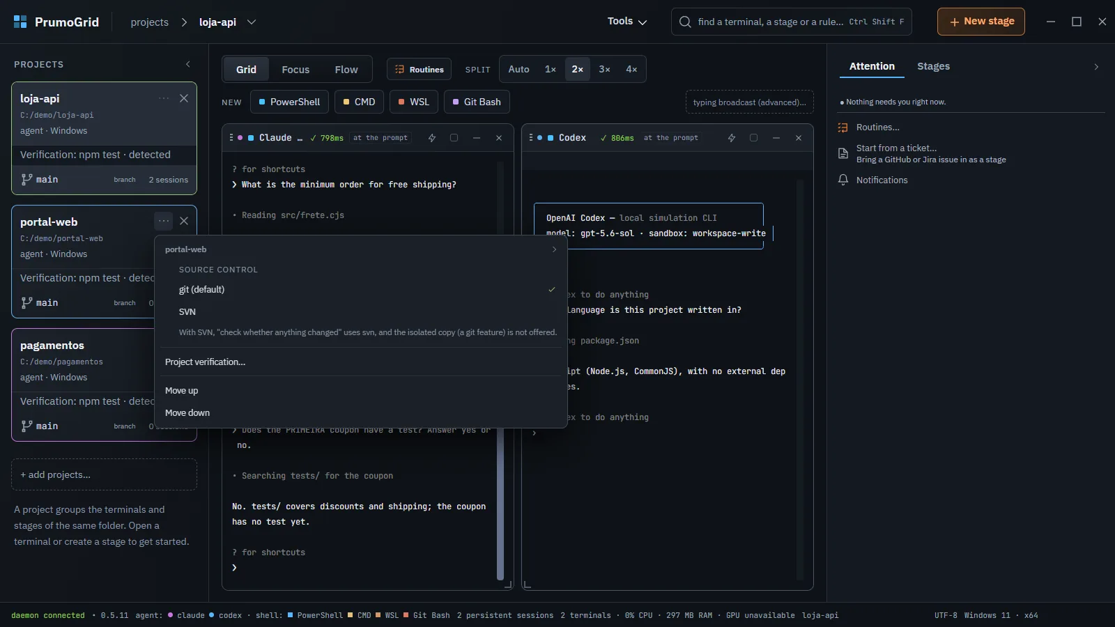 The ··· menu of the portal-web card open with Source control, Project verification…, Move up and Move down.