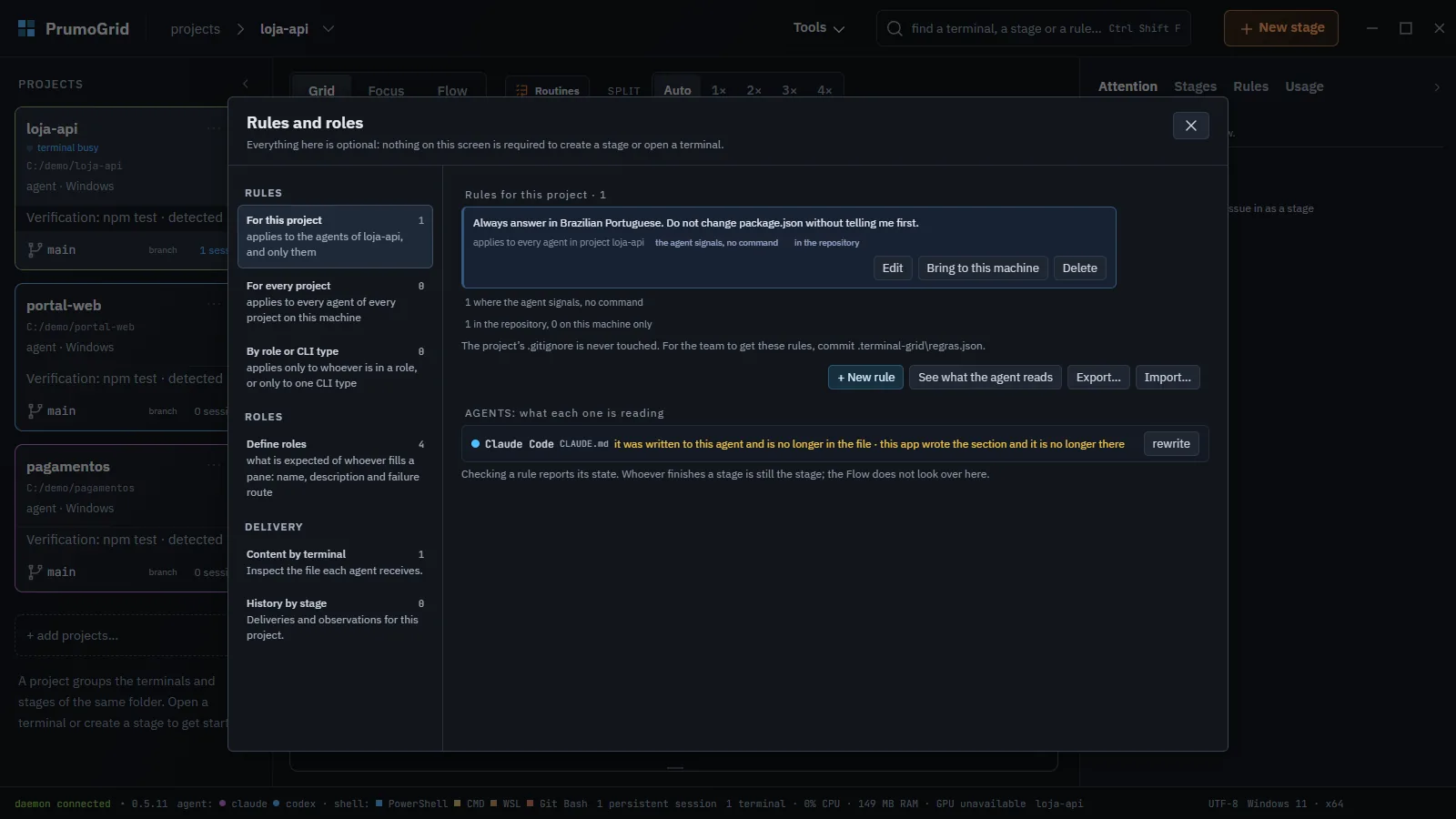Rules and roles screen with For this project, For every project, By role or CLI type, and the loja-api rule in the repository.