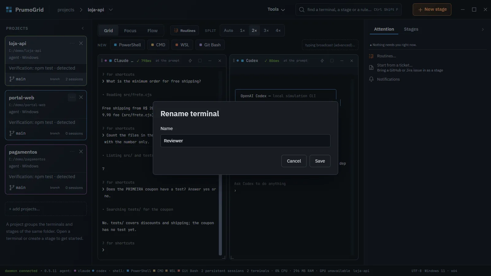 Rename terminal dialog with the Name field set to Reviewer and the Cancel and Save buttons.