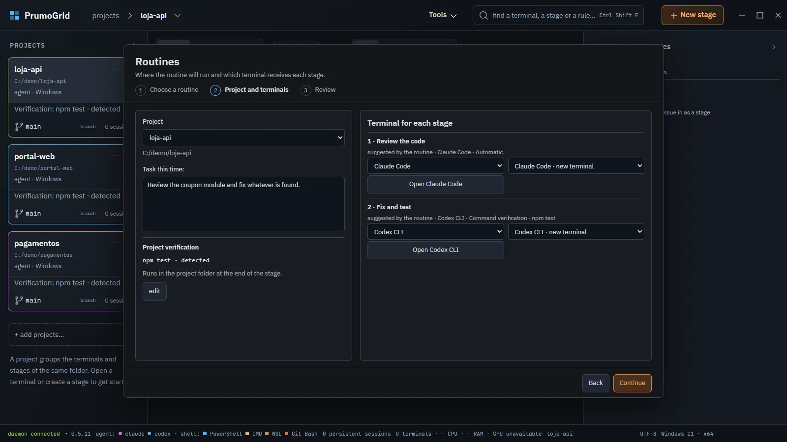 Routines in step 2 with the loja-api project, Task this time filled in, and the terminal for each stage suggested by the routine.