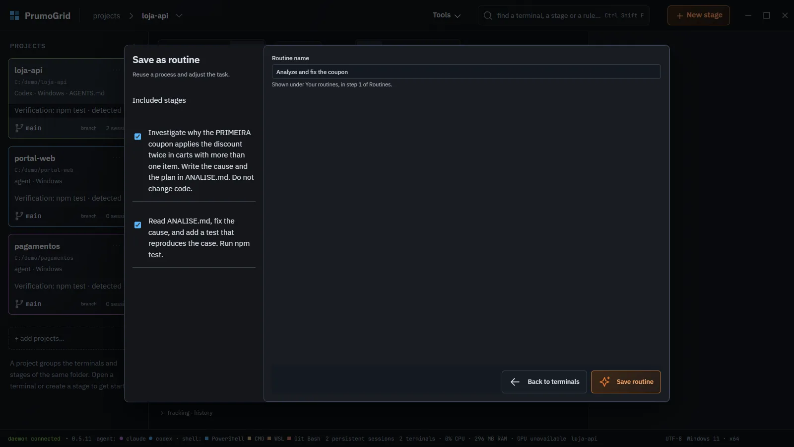 Save as routine with the name at the top and the included stages of the coupon flow.