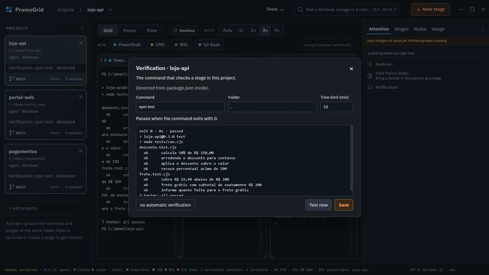 Verification dialog for loja-api with the npm test command detected from package.json, the folder, the time limit, and the Test now and Save buttons.