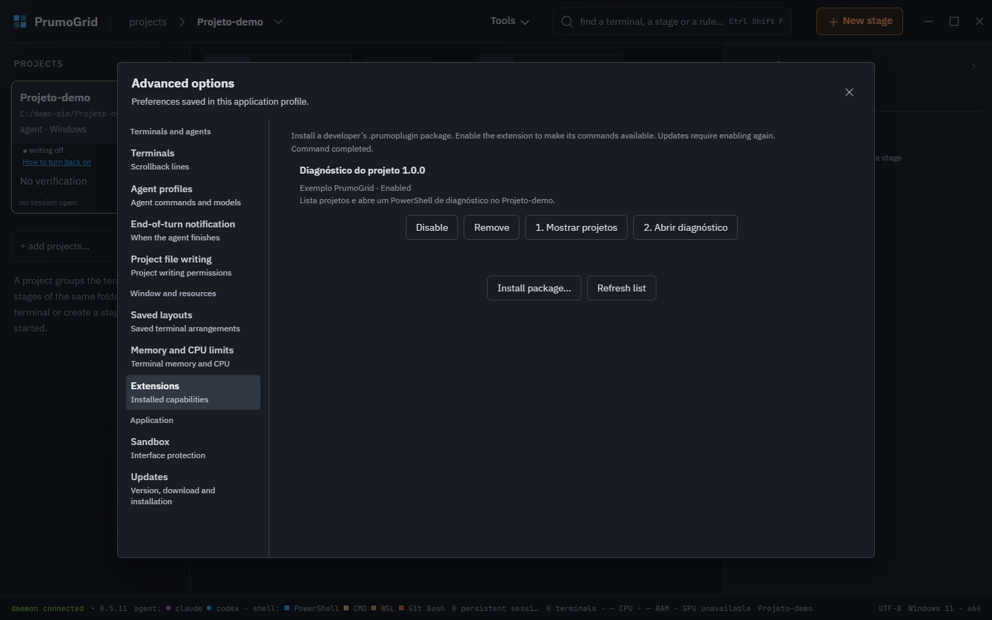 PrumoGrid extensions screen with an example plugin