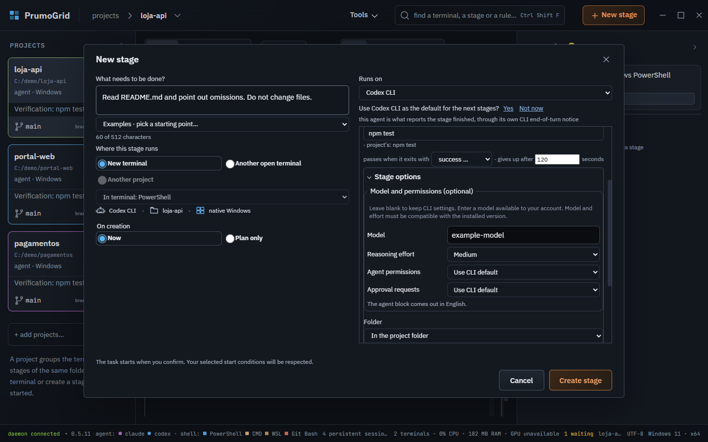 Stage options for Codex CLI showing model, reasoning effort and CLI permissions.