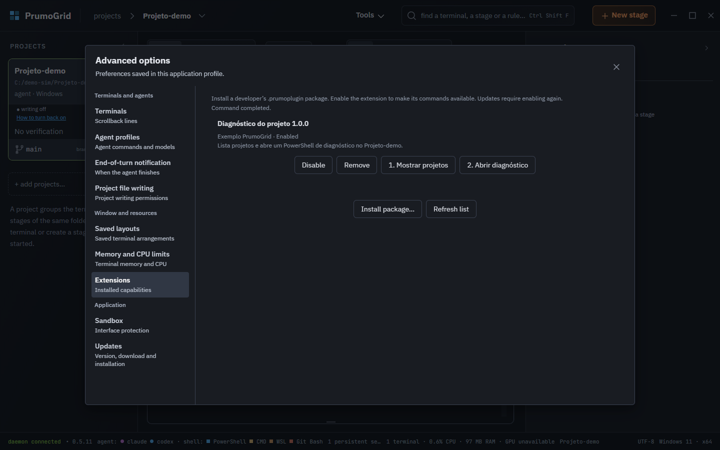 The enabled plugin, with both buttons declared in its manifest.