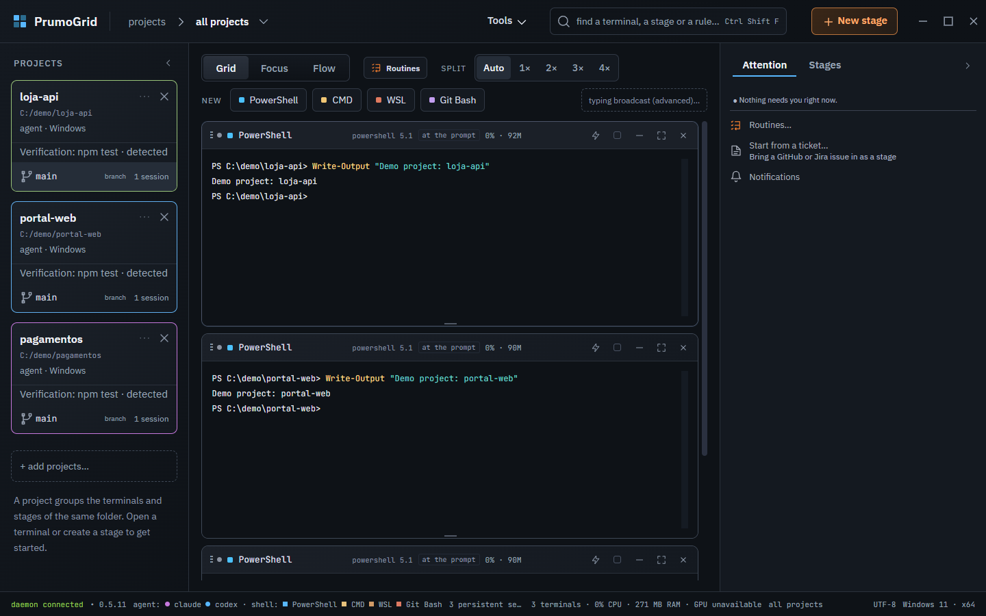 PrumoGrid with the loja-api, portal-web and pagamentos projects and their terminals