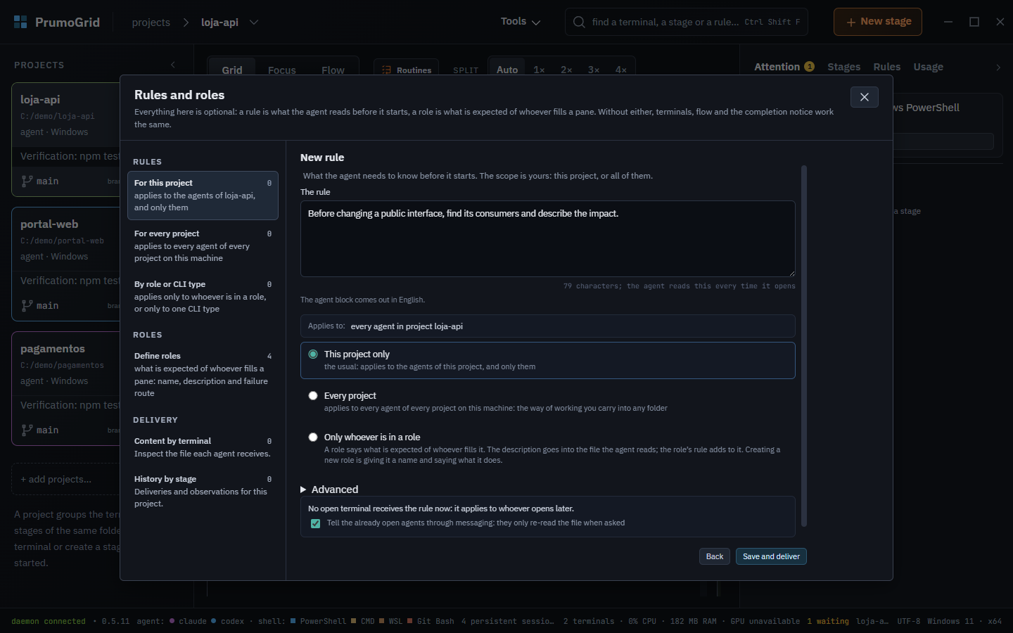 Actual rule editor with an instruction about public interfaces and their consumers.