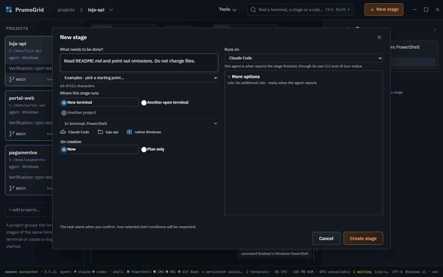 New stage dialog with the task, the Claude Code agent, the loja-api project and where the stage runs.
