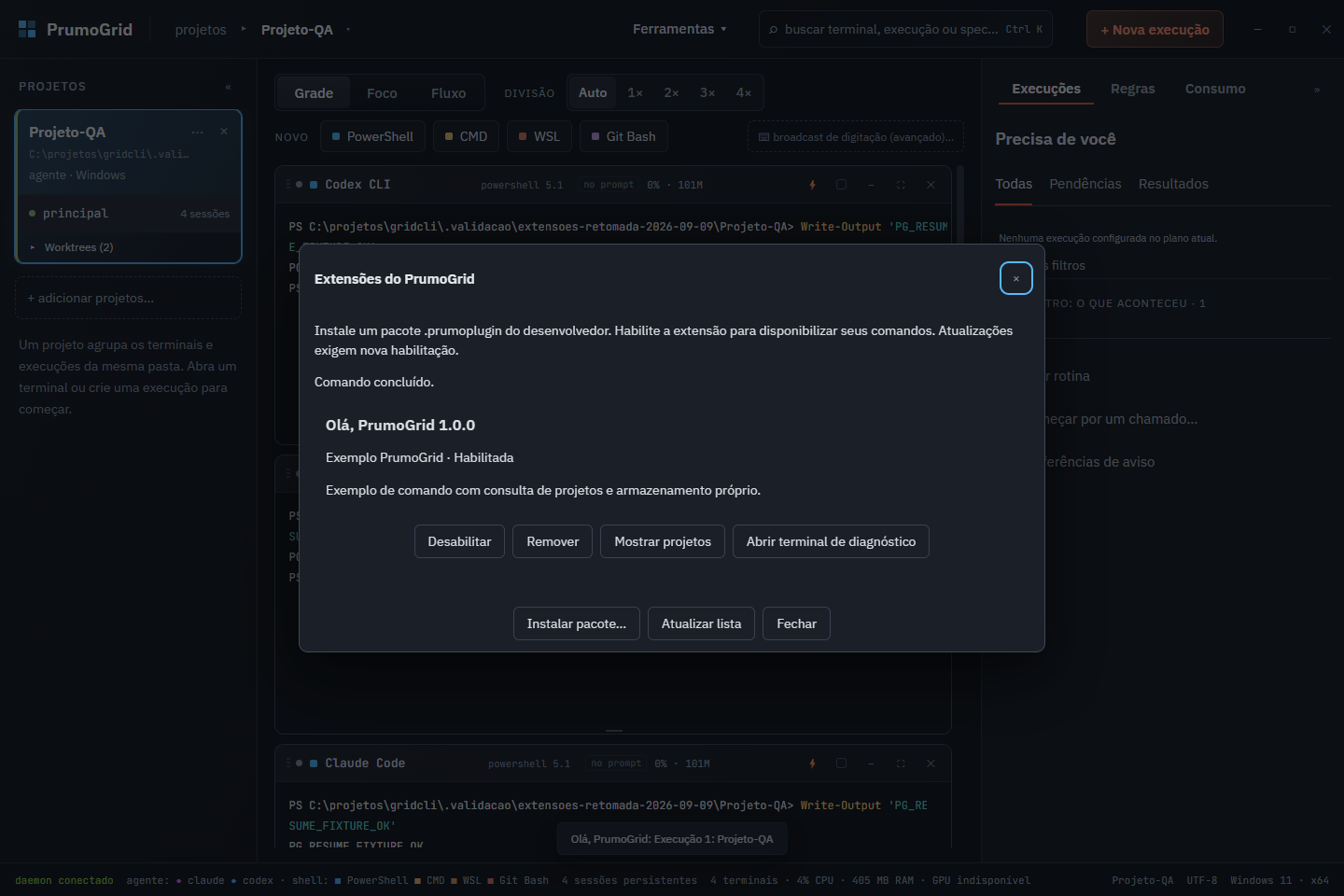 PrumoGrid extensions screen with an example plugin